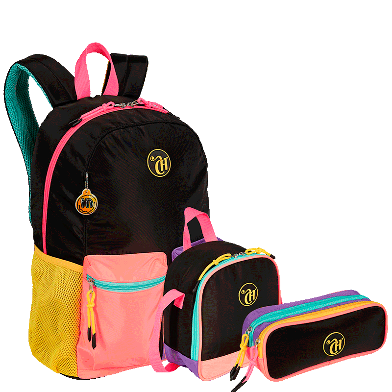 Kit  Mochila Grande mais Lancheira Grande e Estojo 2 Compartimentos Capricho Contrast - Preto e Rosa