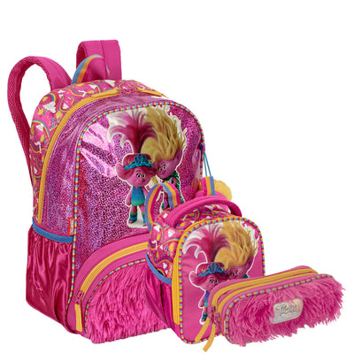 Kit Mochila Grande mais Lancheira Especial e Estojo 2 Compartimentos Trolls Colorido - Sisters