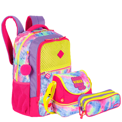 Kit  Mochila Grande mais Lancheira Grande e Estojo 2 Compartimentos Sestini X Good Vibes - Colorido