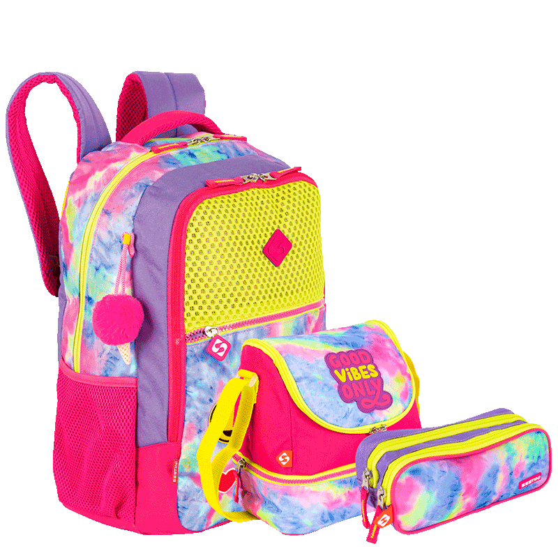 Kit  Mochila Grande mais Lancheira Grande e Estojo 2 Compartimentos Sestini X Good Vibes - Colorido