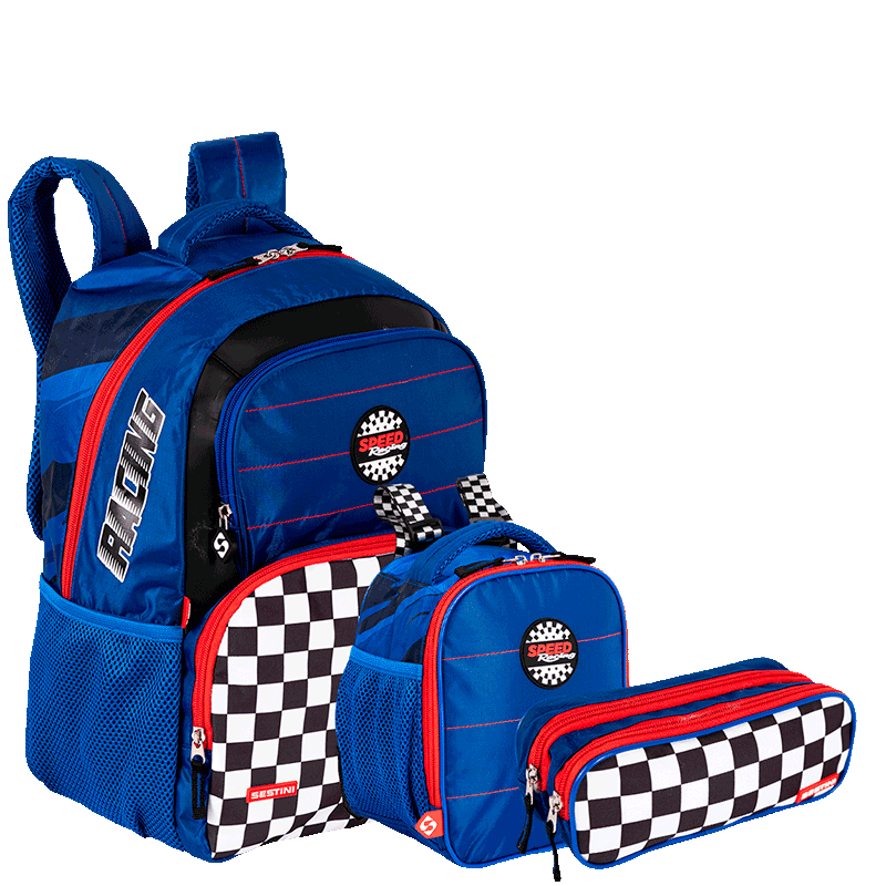 Kit  Mochila Grande mais Lancheira Grande e Estojo 2 Compartimentos Sestini Y Racing - Colorido