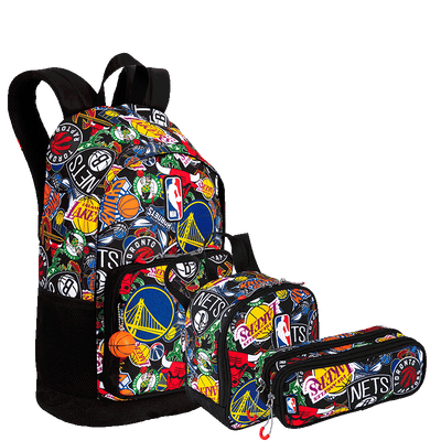 Kit  Mochila Grande mais Lancheira Grande e Estojo 2 Compartimentos Nba Begins - Preto
