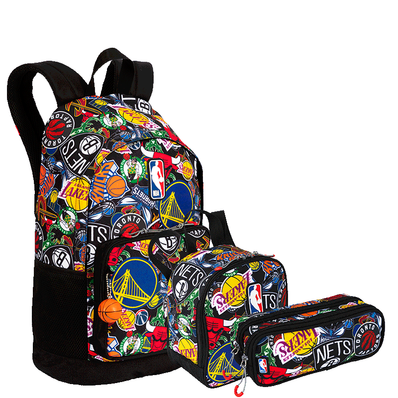 Kit  Mochila Grande mais Lancheira Grande e Estojo 2 Compartimentos Nba Begins - Preto