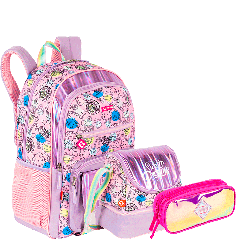 Kit  Mochila Grande mais Lancheira Grande e Estojo 2 Compartimentos Sestini Y Dreams - Colorido