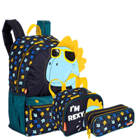 Kit  Mochila Grande mais Lancheira Pequena e Estojo 2 Compartimentos Sestini M Plus Dino - Colorido