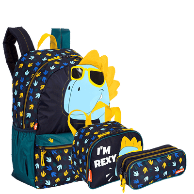 Kit  Mochila Grande mais Lancheira Pequena e Estojo 2 Compartimentos Sestini M Plus Dino - Colorido