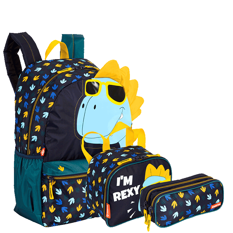Kit  Mochila Grande mais Lancheira Pequena e Estojo 2 Compartimentos Sestini M Plus Dino - Colorido