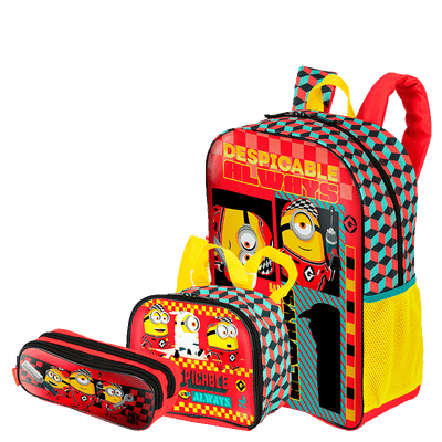 Kit  Mochila Grande mais Lancheira Pequena e Estojo 2 Compartimentos Meu Malvado Favorito 4 M - Colorido