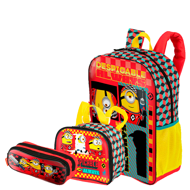 Kit  Mochila Grande mais Lancheira Pequena e Estojo 2 Compartimentos Meu Malvado Favorito 4 M - Colorido