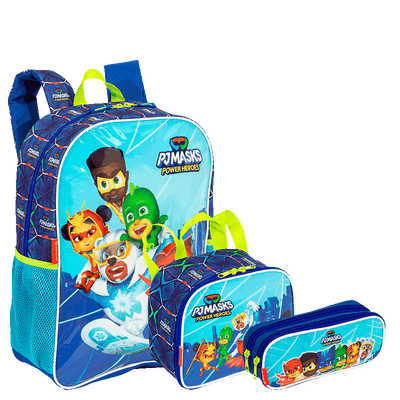 Kit  Mochila Grande mais Lancheira Pequena e Estojo 2 Compartimentos Pj Masks M Power Heroes - Colorido
