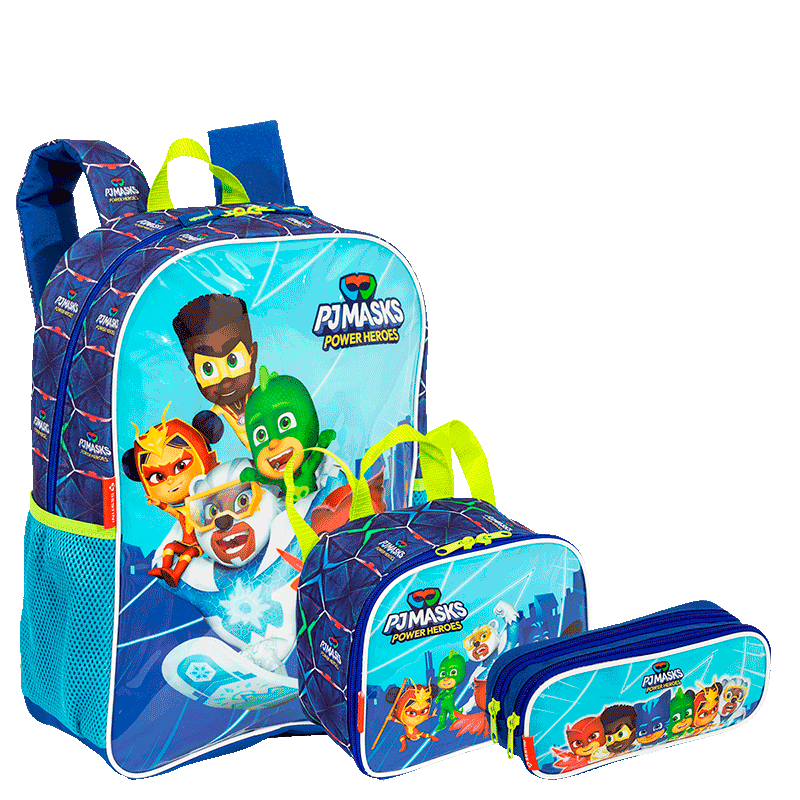 Kit  Mochila Grande mais Lancheira Pequena e Estojo 2 Compartimentos Pj Masks M Power Heroes - Colorido