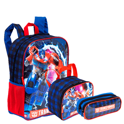 Kit  Mochila Grande mais Lancheira Pequena e Estojo 2 Compartimentos Transformers M Optimus - Colorido
