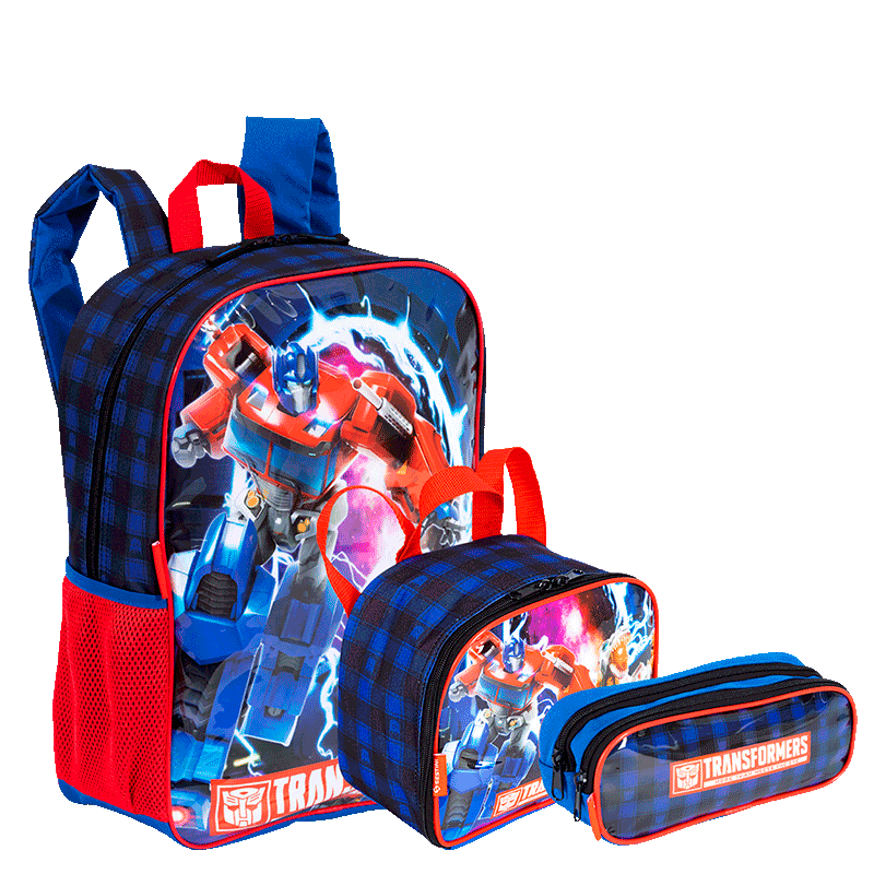 Kit  Mochila Grande mais Lancheira Pequena e Estojo 2 Compartimentos Transformers M Optimus - Colorido