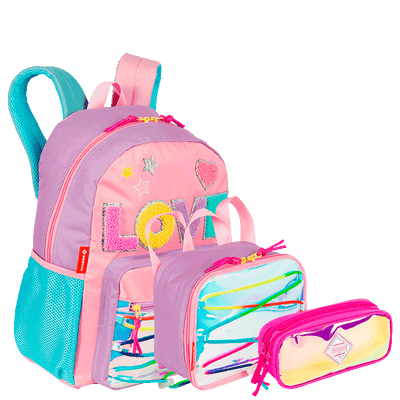 Kit  Mochila Grande mais Lancheira Pequena e Estojo 2 Compartimentos Sestini X Colors Girls - Colorido