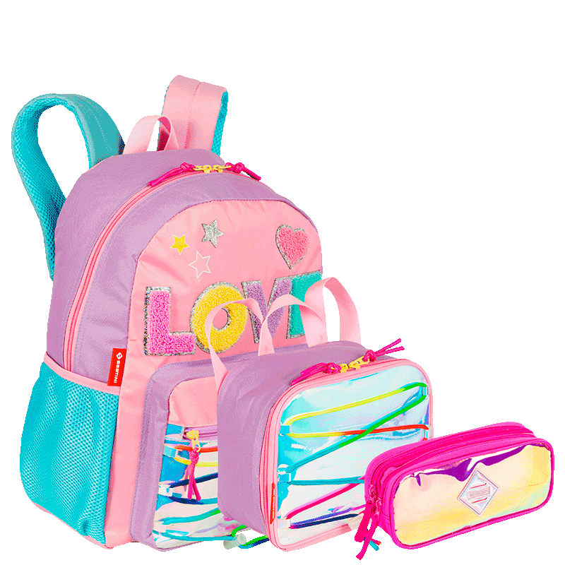 Kit  Mochila Grande mais Lancheira Pequena e Estojo 2 Compartimentos Sestini X Colors Girls - Colorido