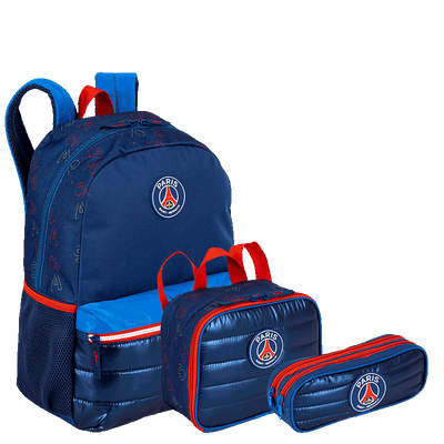 Kit  Mochila Grande mais Lancheira Pequena e Estojo 2 Compartimentos PSG M Plus Stripes - Colorido
