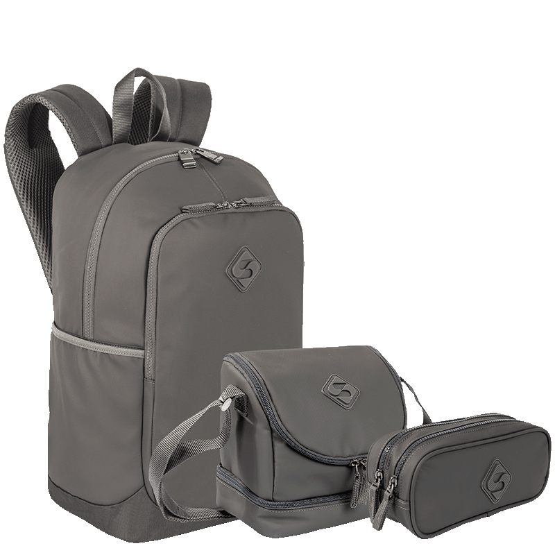 Kit  Mochila Grande Sestini Magic mais Lancheira 2 Compartimentos e Estojo 2 Compartimentos Sestini Hydroblock - Cinza