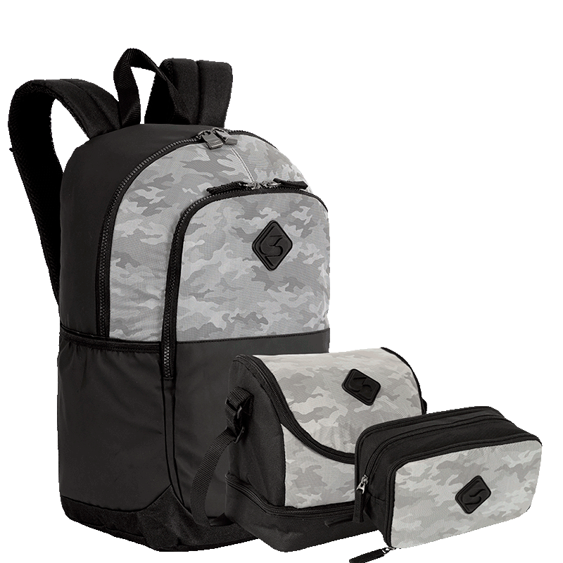 Kit  Mochila Grande Sestini Magic mais Lancheira 2 Compartimentos e Estojo Box Especial 3 Compartimentos - Preto e Cinza