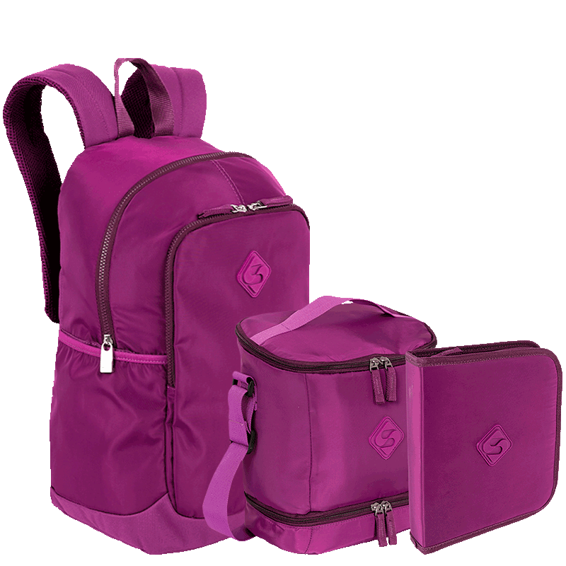 Kit  Mochila Grande Sestini Magic mais Lancheira Fitness 2 Compartimentos e Estojo Artistico - Roxo