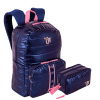 Kit  Mochila Grande Puffer e Estojo Box Especial 3 Compartimentos Capricho Puffer - Azul
