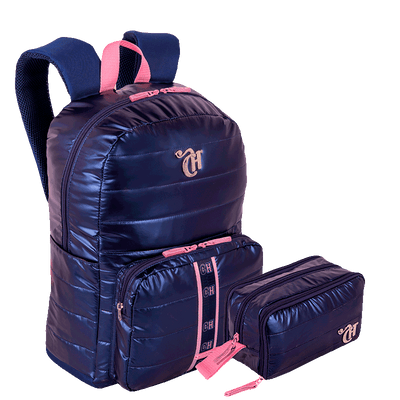 Kit  Mochila Grande Puffer e Estojo Box Especial 3 Compartimentos Capricho Puffer - Azul