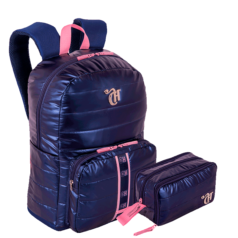 Kit  Mochila Grande Puffer e Estojo Box Especial 3 Compartimentos Capricho Puffer - Azul