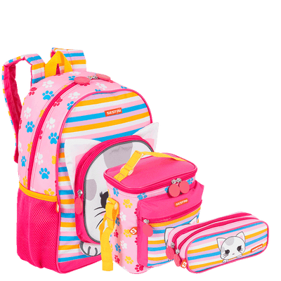 Kit  Mochila Média mais Lancheira Especial e Estojo 2 Compartimentos Sestini Kids X Cat 4 - Colorido