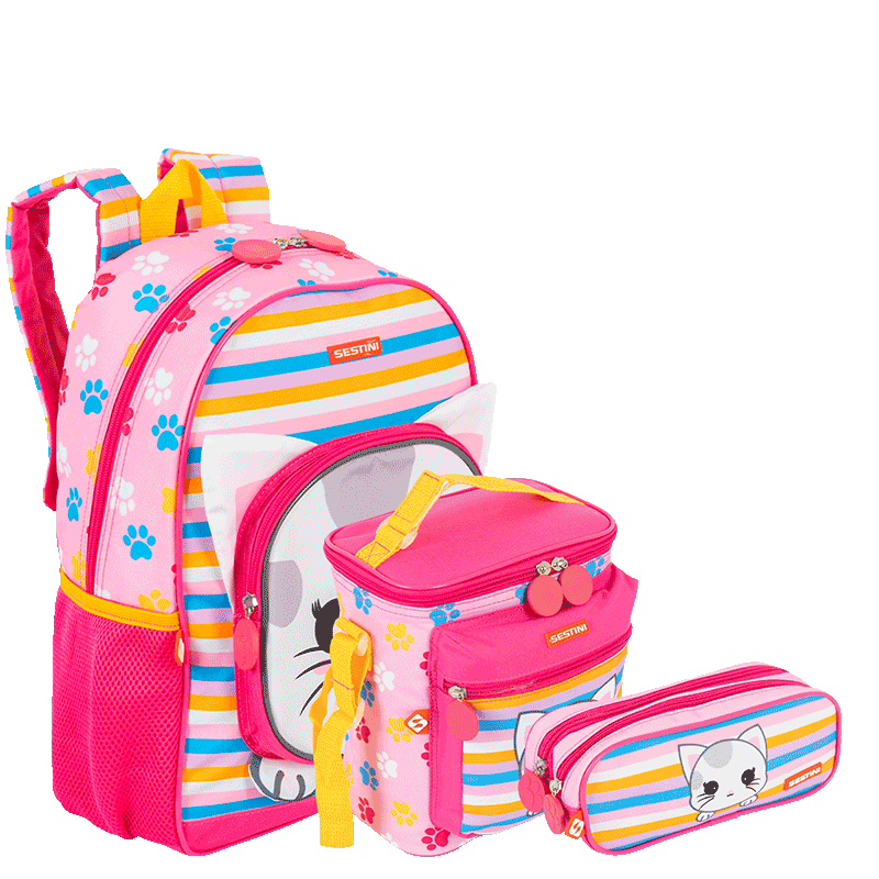 Kit  Mochila Média mais Lancheira Especial e Estojo 2 Compartimentos Sestini Kids X Cat 4 - Colorido