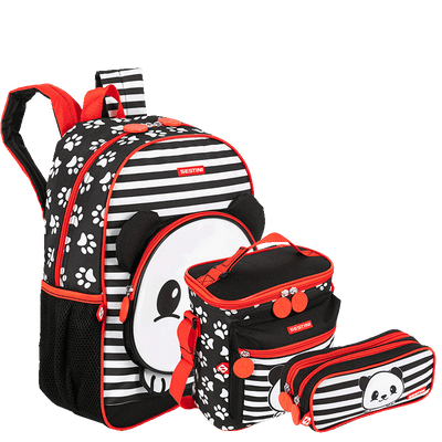 Kit  Mochila Média mais Lancheira Especial e Estojo 2 Compartimentos Sestini Kids X Panda 4 - Colorido