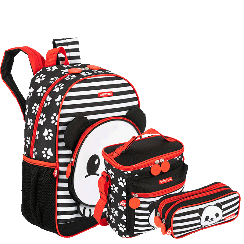 Kit  Mochila Média mais Lancheira Especial e Estojo 2 Compartimentos Sestini Kids X Panda 4 - Colorido