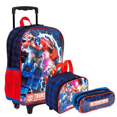 Kit  Mochilete Grande mais Lancheira Pequena e Estojo 2 Compartimentos Transformers M Optimus - Colorido