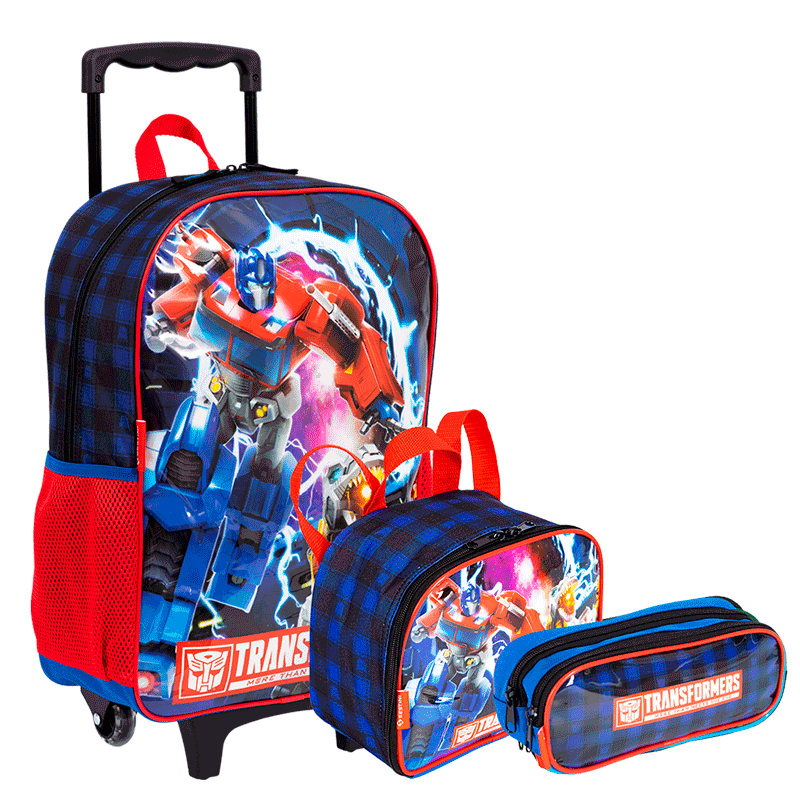 Kit  Mochilete Grande mais Lancheira Pequena e Estojo 2 Compartimentos Transformers M Optimus - Colorido