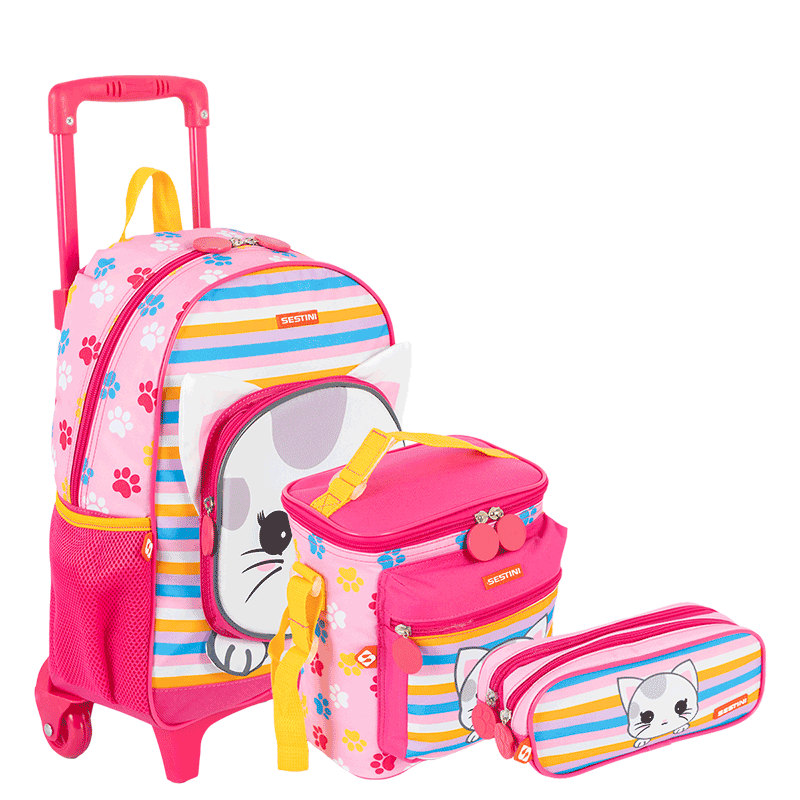 Kit  Mochilete Média mais Lancheira Especial e Estojo 2 Compartimentos Sestini Kids X Cat 4 - Colorido