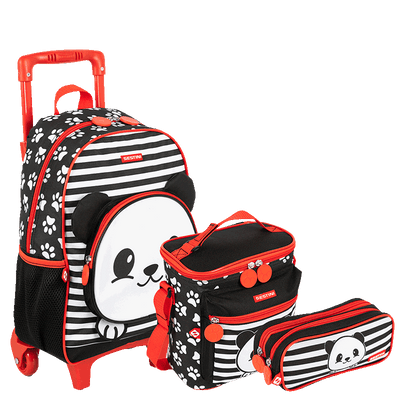 Kit  Mochilete Média mais Lancheira Especial e Estojo 2 Compartimentos Sestini Kids X Panda 4 - Colorido