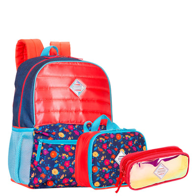 Kit Mochila Grande mais Lancheira Pequena e Estojo 2 Compartimentos Sestini M Plus Coral - Colorido