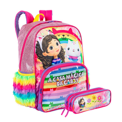 Kit Mochila Grande e Estojo 2 Compartimentos Gabby Y - Colorido