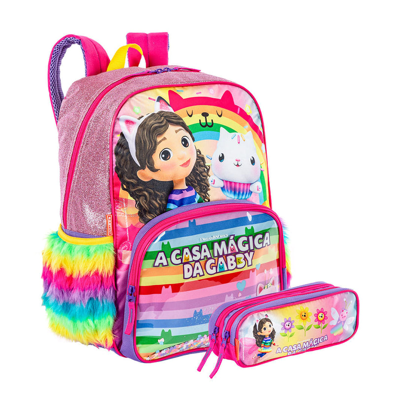 Kit Mochila Grande e Estojo 2 Compartimentos Gabby Y - Colorido